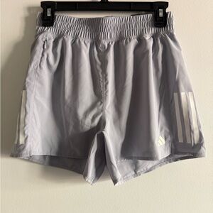 Adidas Gray 4” Athletic Shorts with White Stripes, back and side zipper pockets